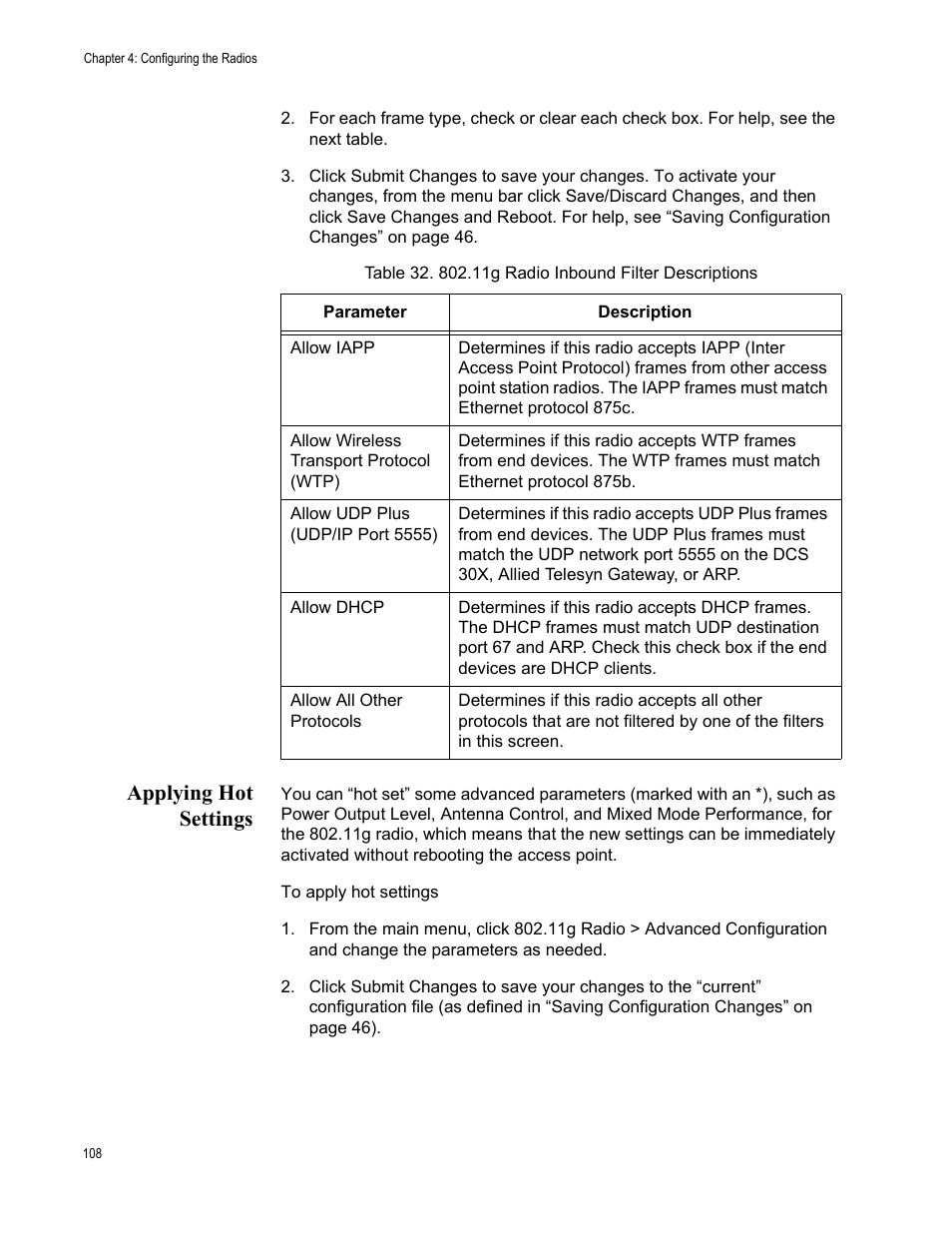 Applying hot settings | Allied Telesis AT-WA7501 User Manual | Page 108 / 339