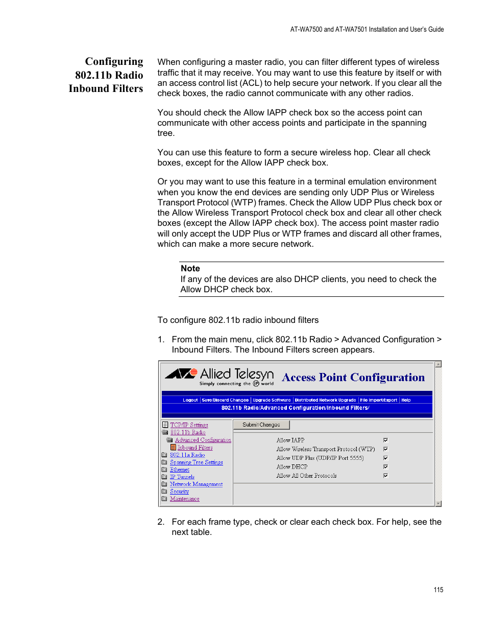 Configuring 802.11b radio inbound filters, See “configuring | Allied Telesis AT-WA7501 User Manual | Page 115 / 339