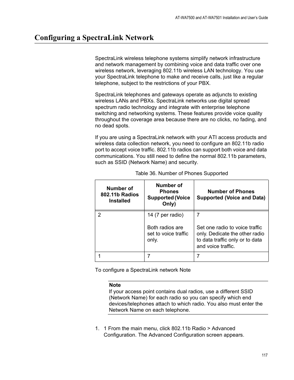 Configuring a spectralink network | Allied Telesis AT-WA7501 User Manual | Page 117 / 339