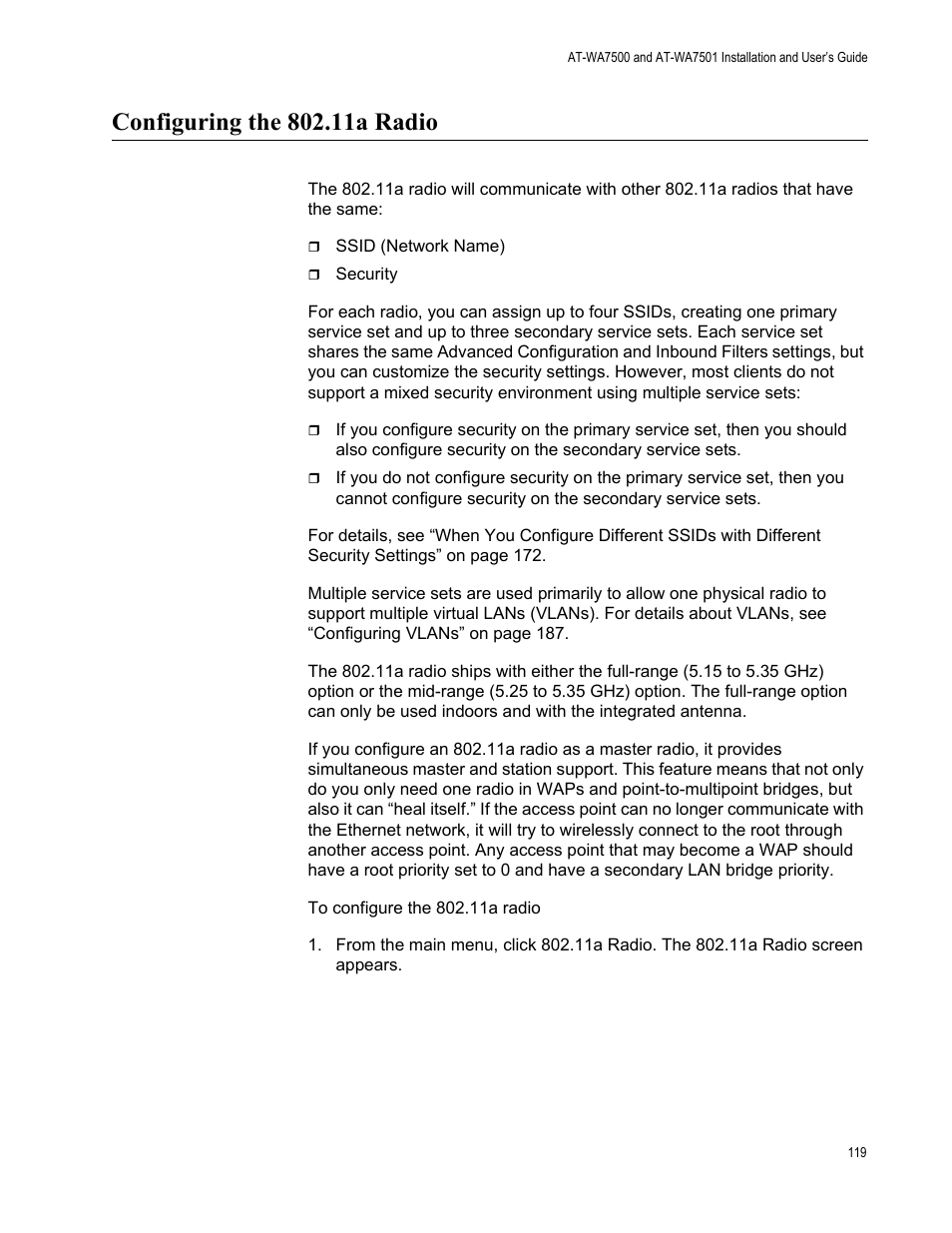Configuring the 802.11a radio | Allied Telesis AT-WA7501 User Manual | Page 119 / 339