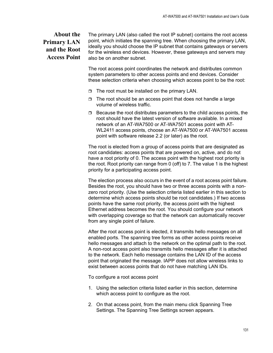 About the primary lan and the root access point | Allied Telesis AT-WA7501 User Manual | Page 131 / 339