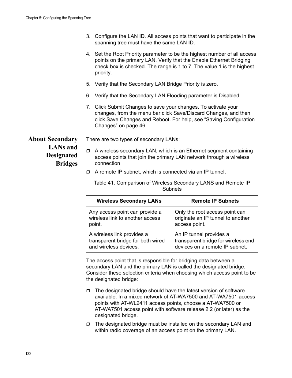 About secondary lans and designated bridges | Allied Telesis AT-WA7501 User Manual | Page 132 / 339
