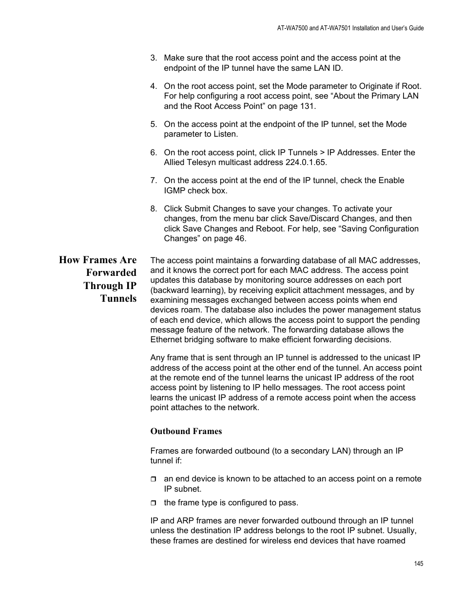 How frames are forwarded through ip tunnels | Allied Telesis AT-WA7501 User Manual | Page 145 / 339