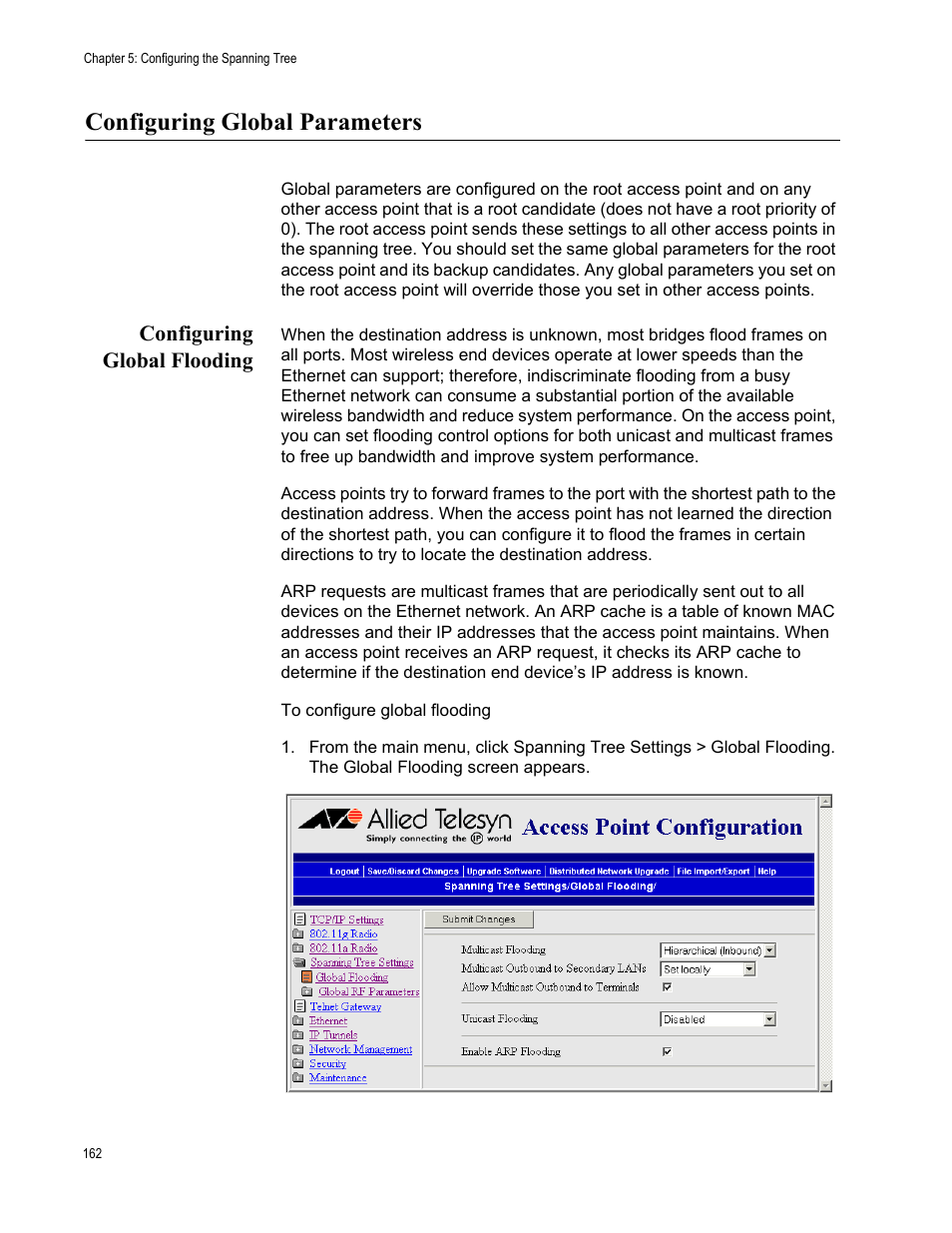 Configuring global parameters, Configuring global flooding | Allied Telesis AT-WA7501 User Manual | Page 162 / 339