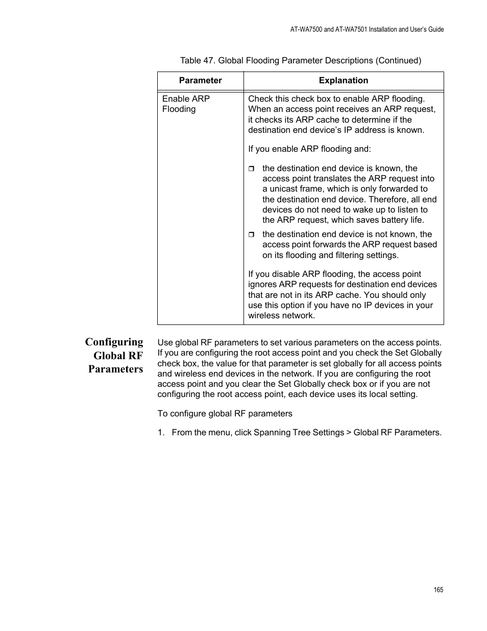 Configuring global rf parameters | Allied Telesis AT-WA7501 User Manual | Page 165 / 339