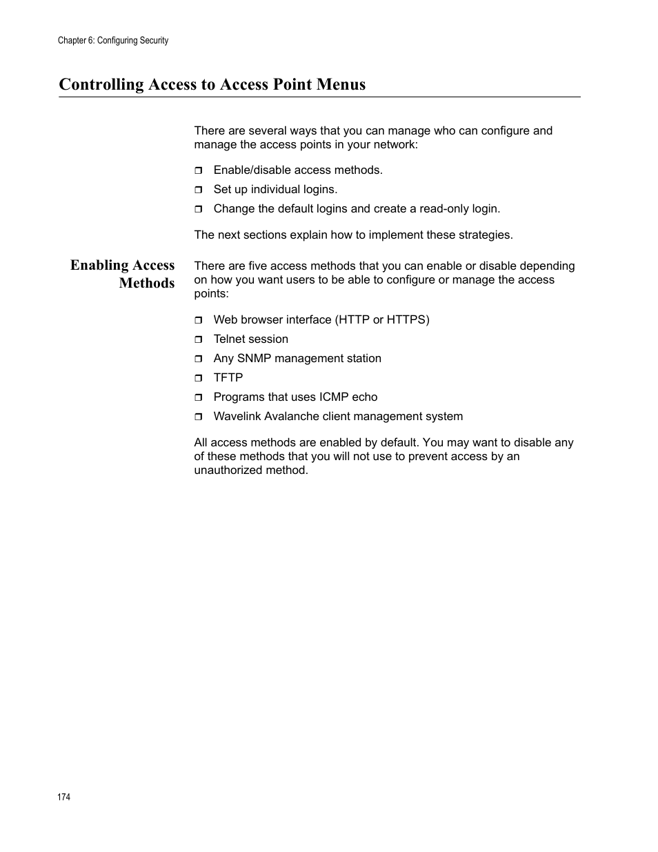 Controlling access to access point menus, Enabling access methods | Allied Telesis AT-WA7501 User Manual | Page 174 / 339