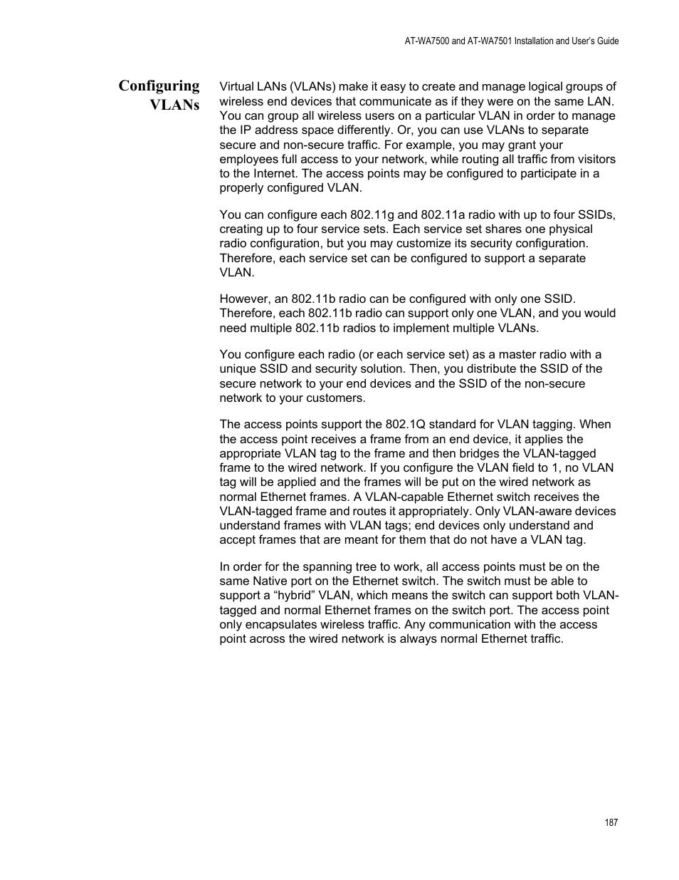 Configuring vlans | Allied Telesis AT-WA7501 User Manual | Page 187 / 339