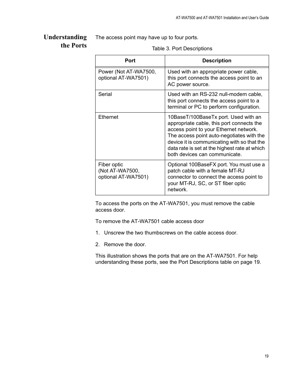 Understanding the ports | Allied Telesis AT-WA7501 User Manual | Page 19 / 339