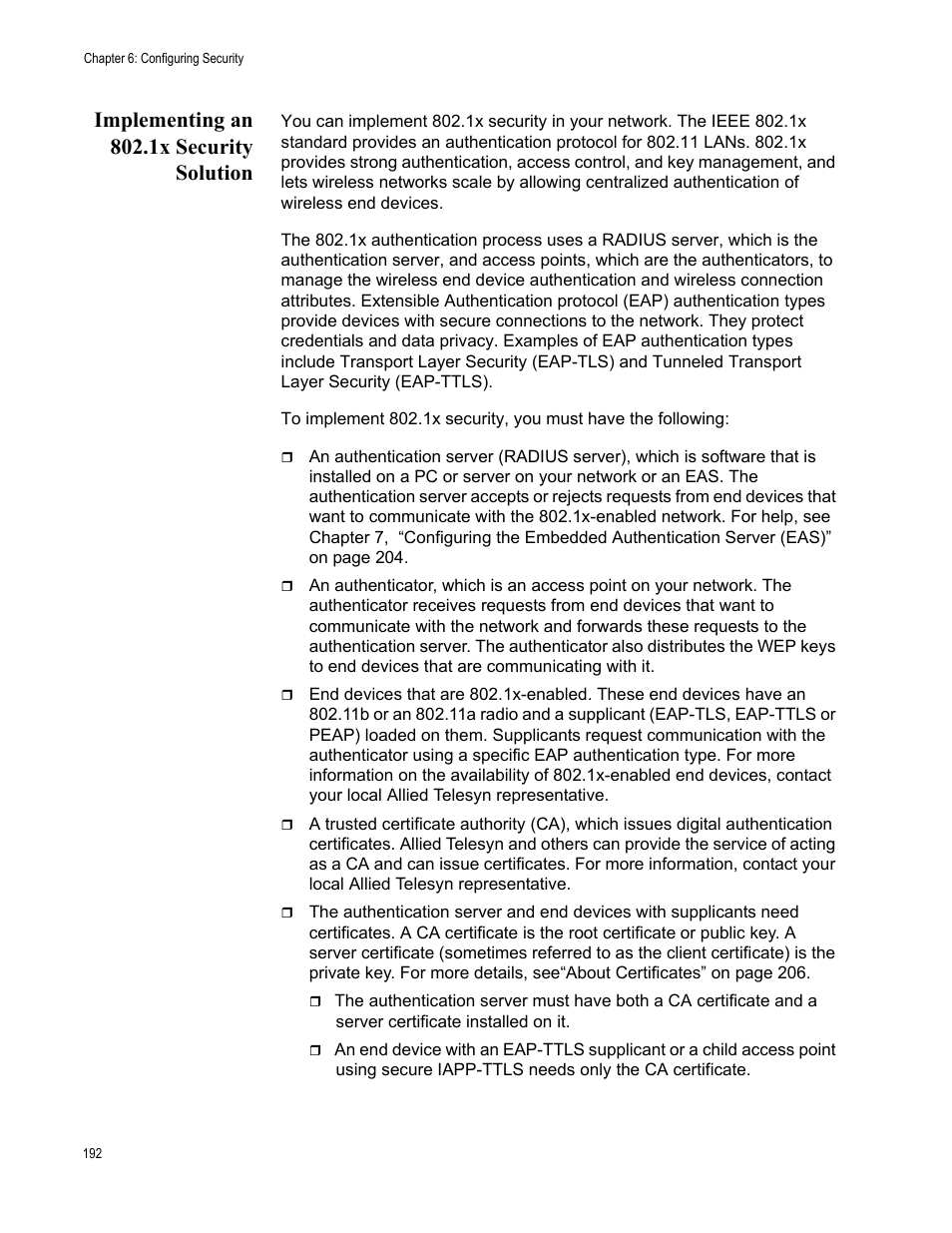 Implementing an 802.1x security solution | Allied Telesis AT-WA7501 User Manual | Page 192 / 339