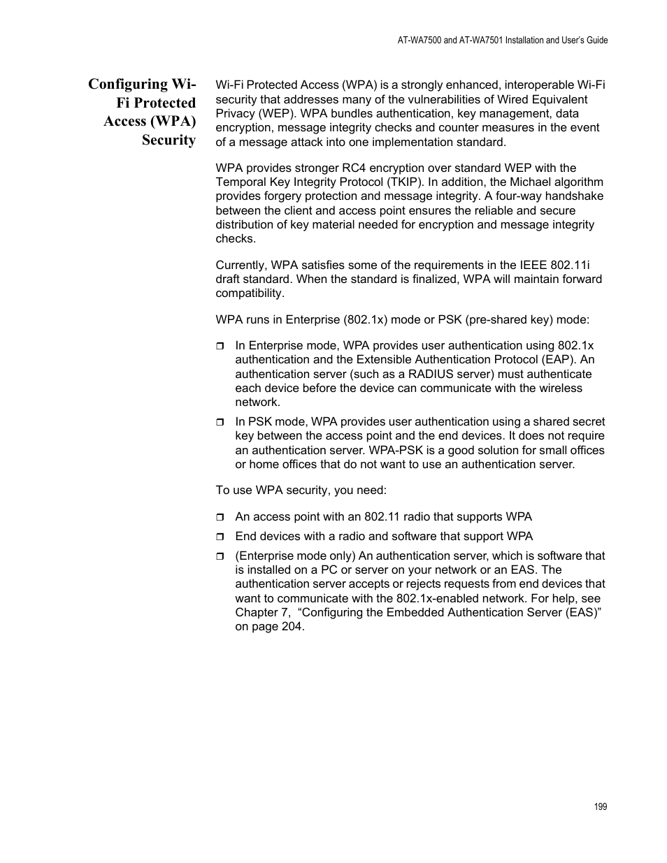 Configuring wi- fi protected access (wpa) security, Configuring wi-fi protected access (wpa) security | Allied Telesis AT-WA7501 User Manual | Page 199 / 339