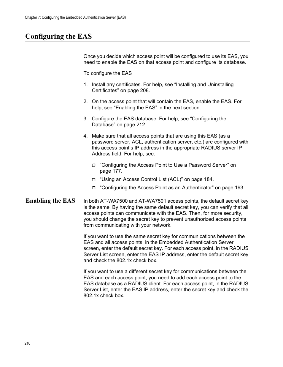 Configuring the eas, Enabling the eas | Allied Telesis AT-WA7501 User Manual | Page 210 / 339