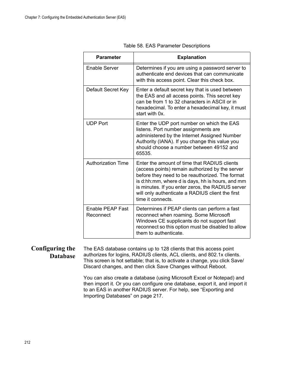 Configuring the database, See “configuring the | Allied Telesis AT-WA7501 User Manual | Page 212 / 339