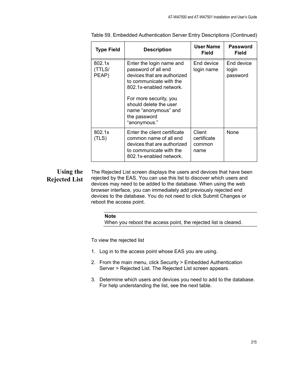 Using the rejected list | Allied Telesis AT-WA7501 User Manual | Page 215 / 339
