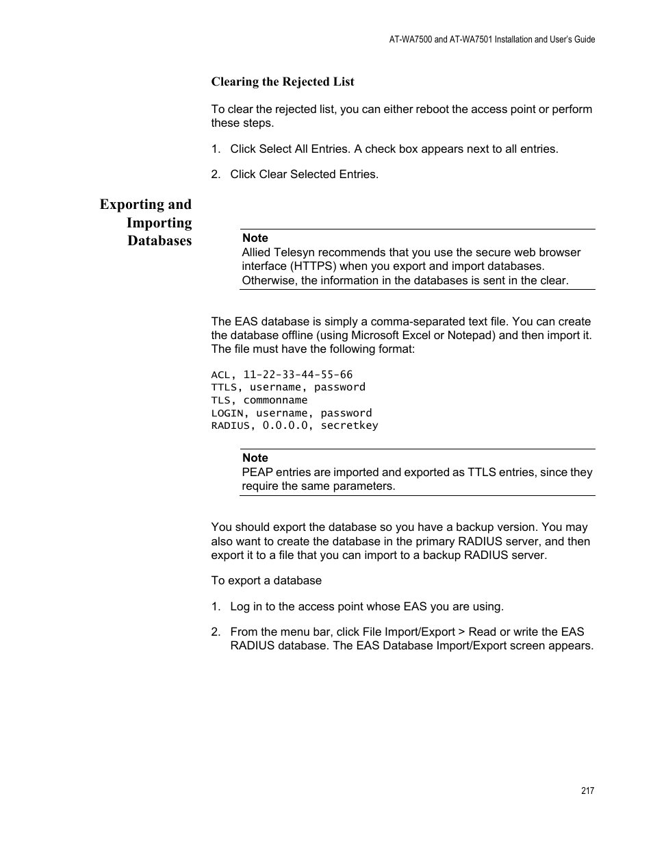 Exporting and importing databases | Allied Telesis AT-WA7501 User Manual | Page 217 / 339