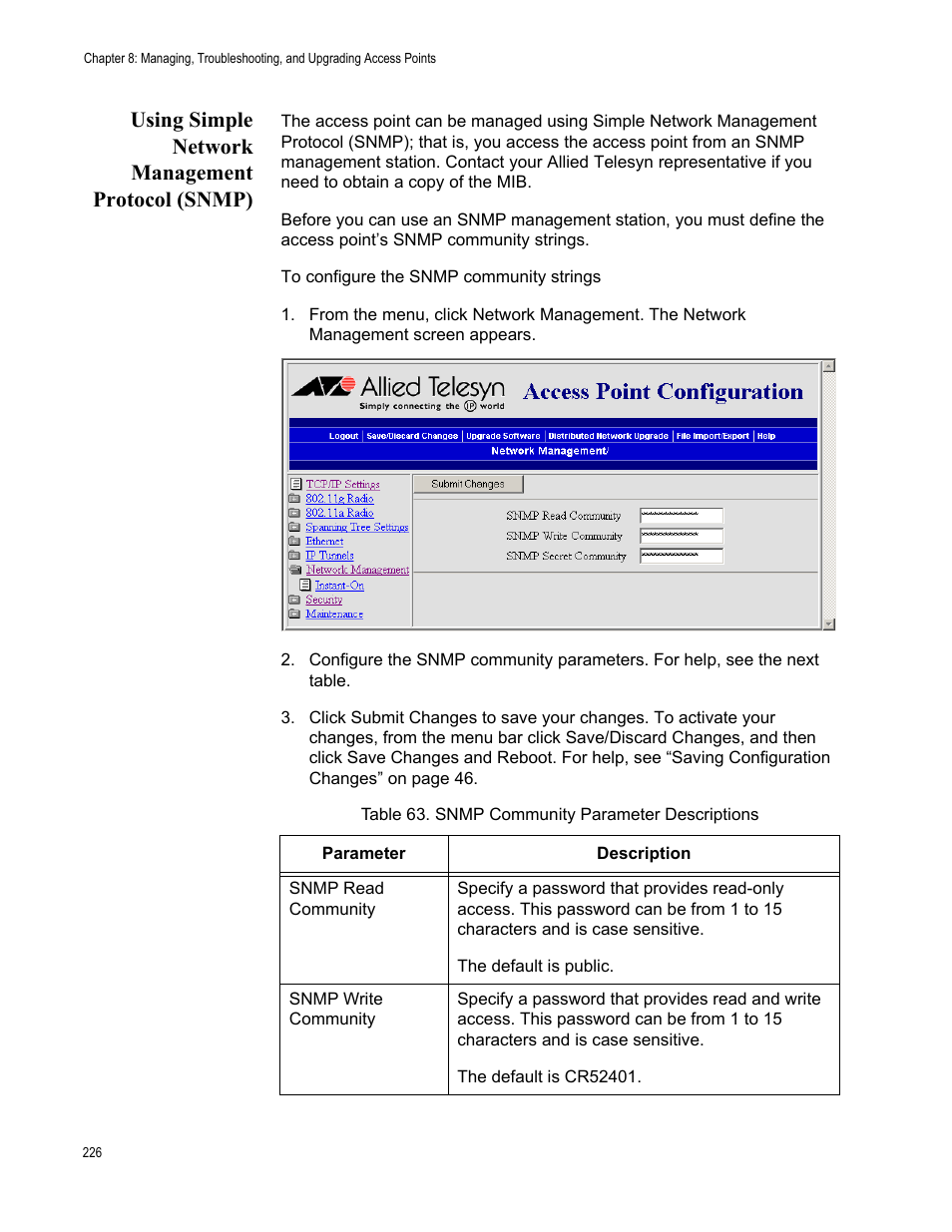 Using simple network management protocol (snmp) | Allied Telesis AT-WA7501 User Manual | Page 226 / 339