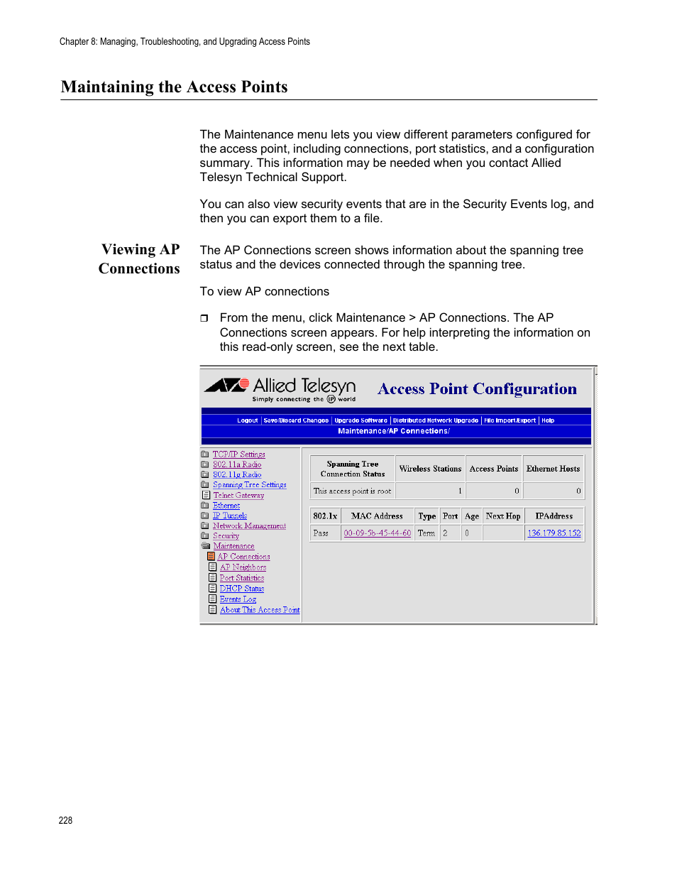 Maintaining the access points, Viewing ap connections | Allied Telesis AT-WA7501 User Manual | Page 228 / 339