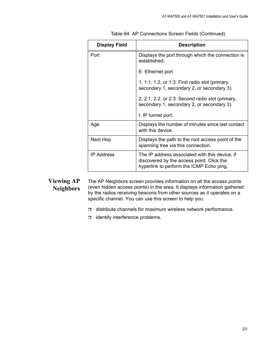 Viewing ap neighbors | Allied Telesis AT-WA7501 User Manual | Page 231 / 339