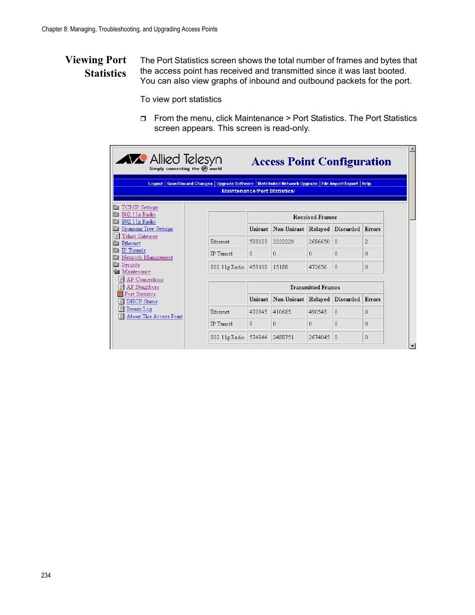 Viewing port statistics | Allied Telesis AT-WA7501 User Manual | Page 234 / 339