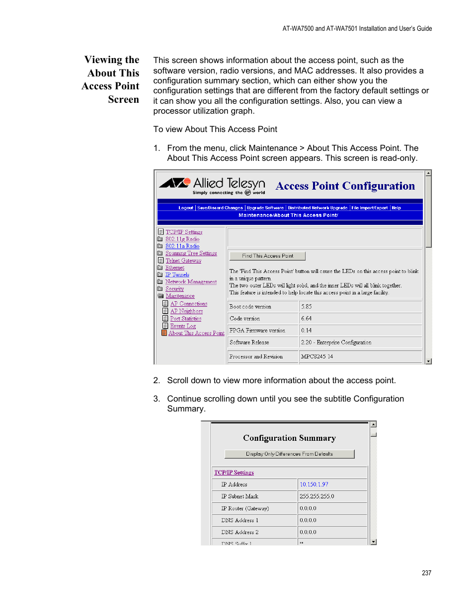 Viewing the about this access point screen | Allied Telesis AT-WA7501 User Manual | Page 237 / 339