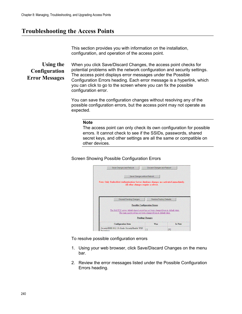 Troubleshooting the access points, Using the configuration error messages | Allied Telesis AT-WA7501 User Manual | Page 240 / 339