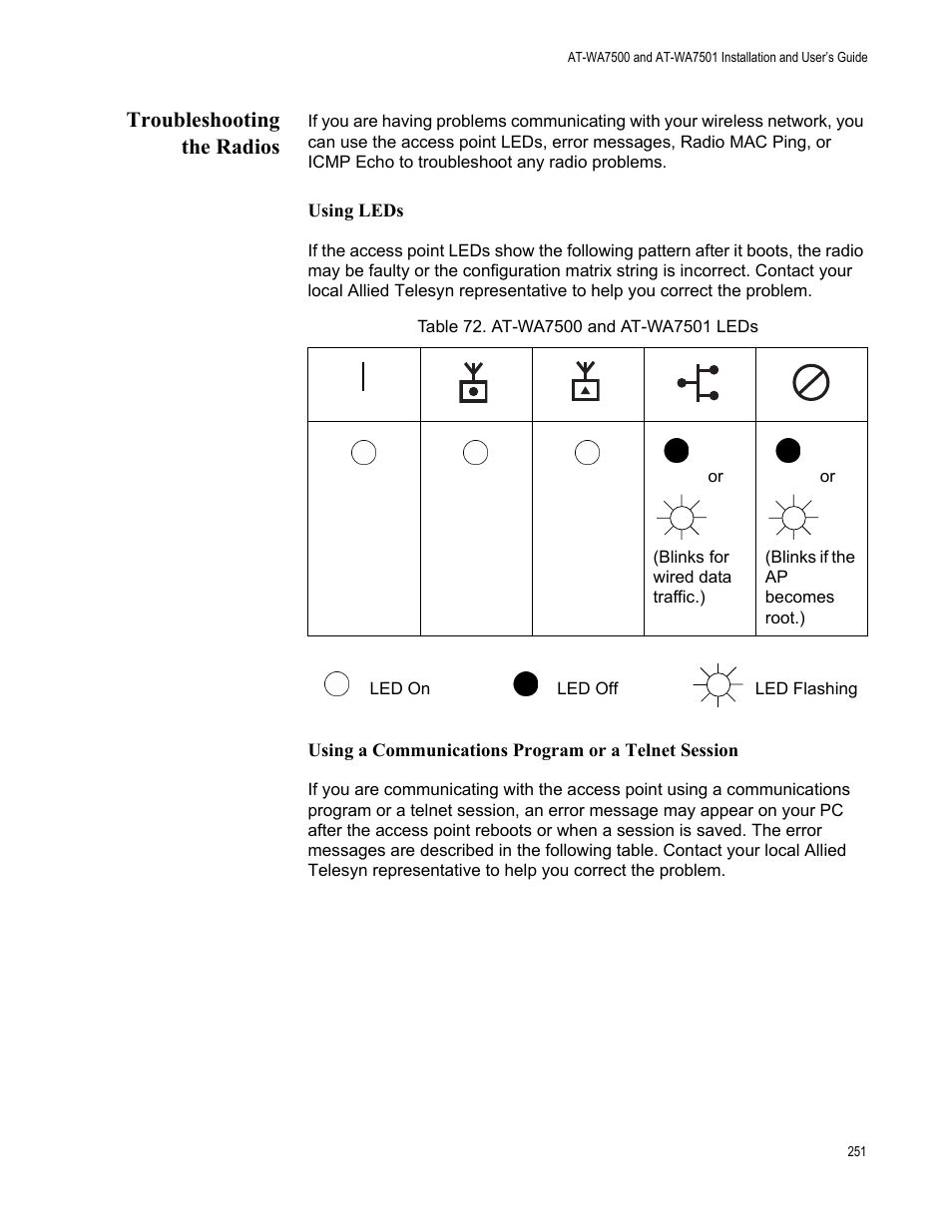 Troubleshooting the radios | Allied Telesis AT-WA7501 User Manual | Page 251 / 339