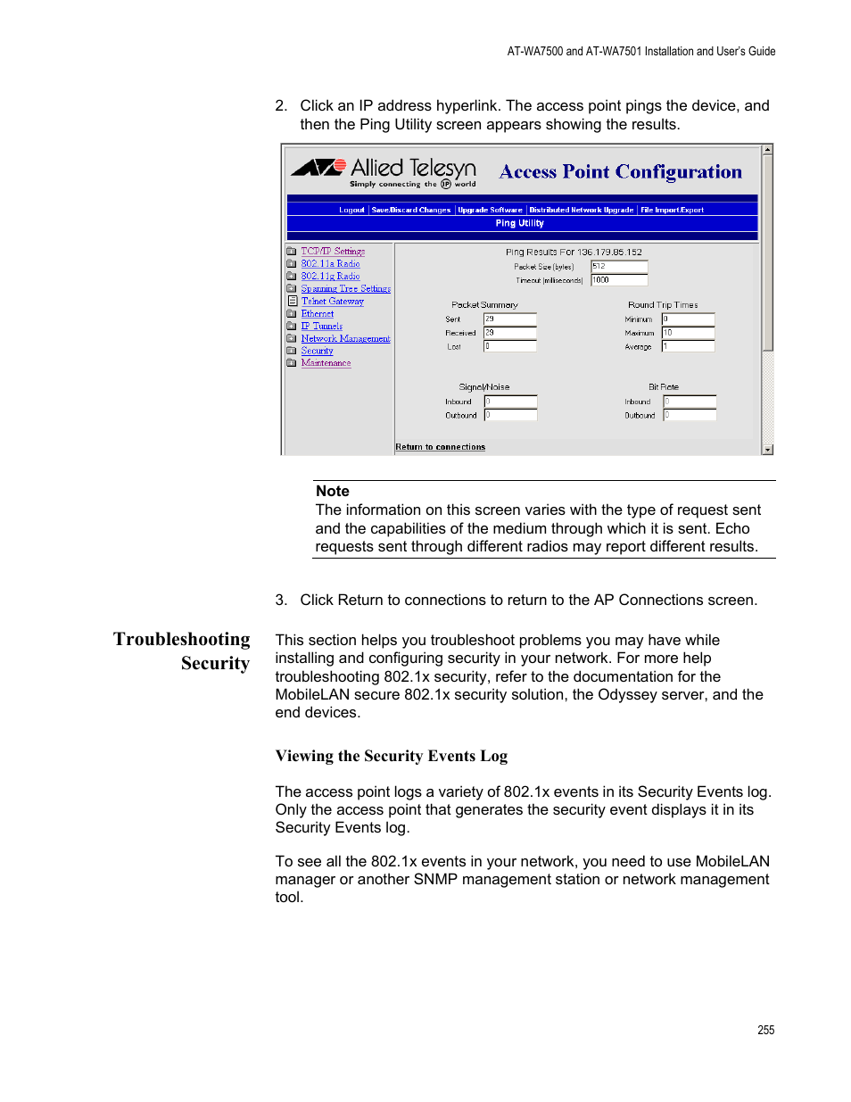 Troubleshooting security | Allied Telesis AT-WA7501 User Manual | Page 255 / 339