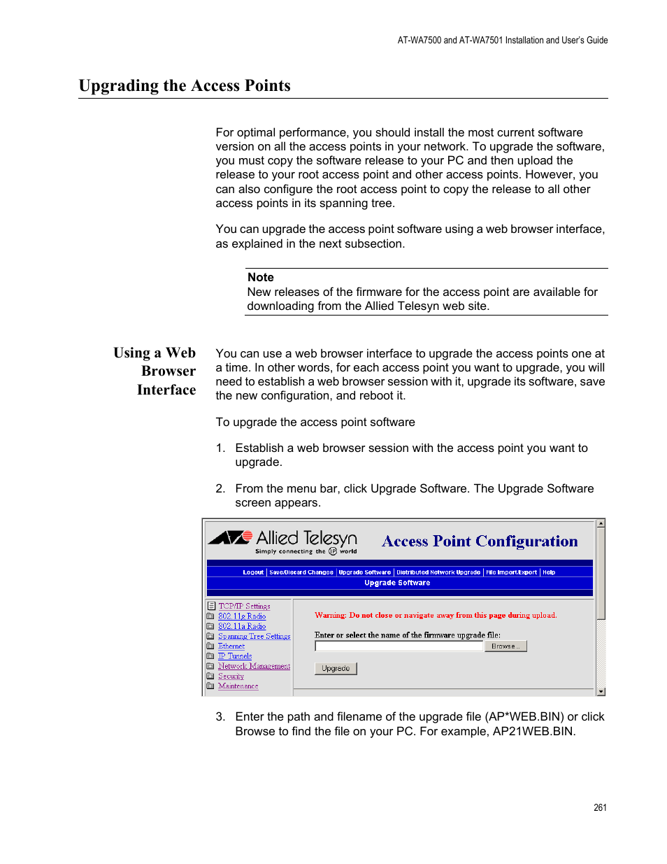 Upgrading the access points, Using a web browser interface | Allied Telesis AT-WA7501 User Manual | Page 261 / 339
