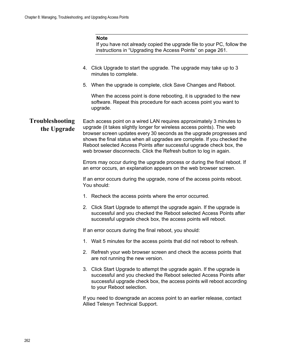 Troubleshooting the upgrade | Allied Telesis AT-WA7501 User Manual | Page 262 / 339