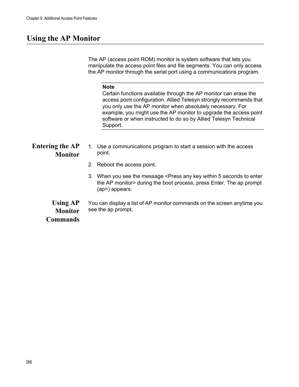 Using the ap monitor, Entering the ap monitor, Using ap monitor commands | Entering the ap monitor using ap monitor commands | Allied Telesis AT-WA7501 User Manual | Page 266 / 339