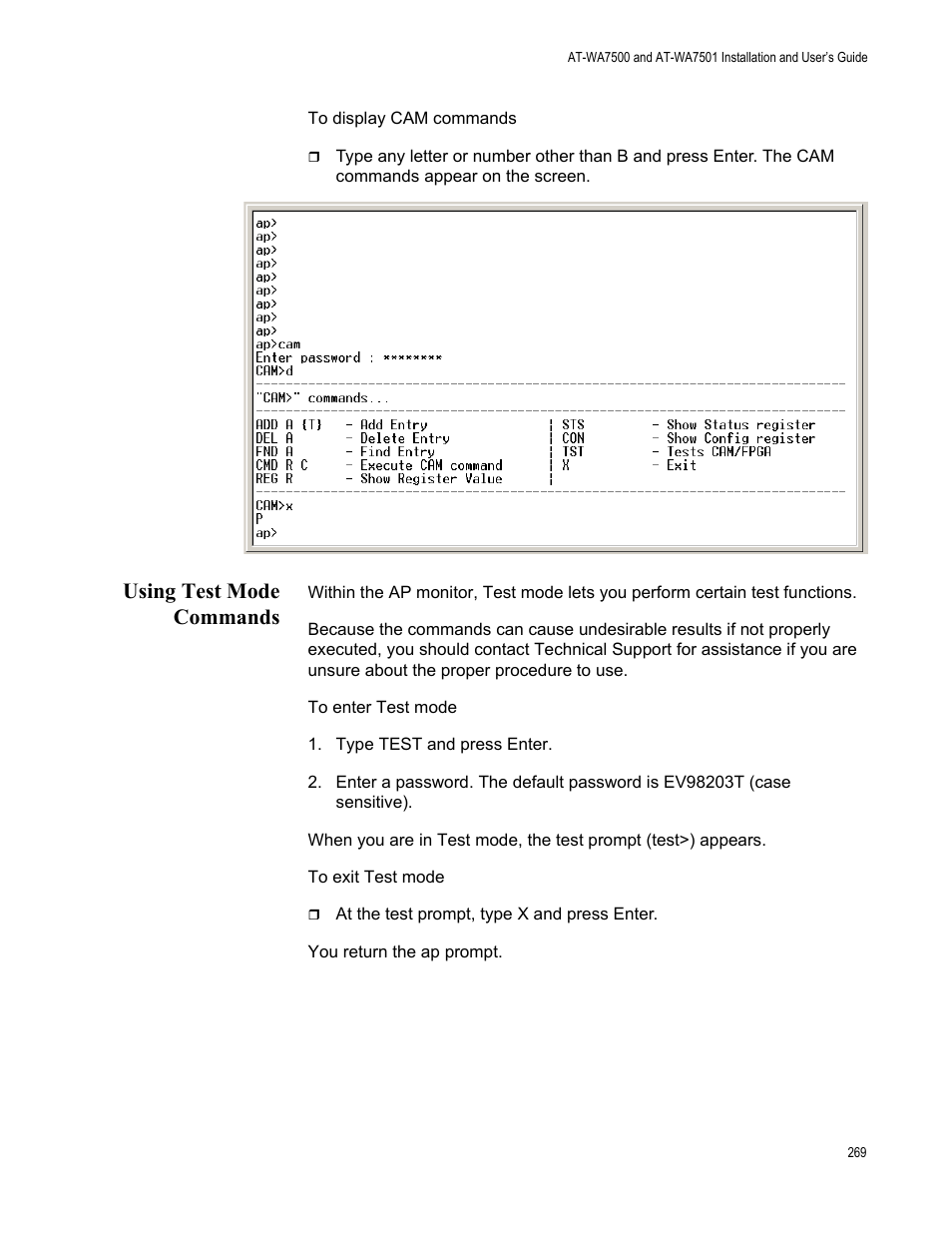 Using test mode commands | Allied Telesis AT-WA7501 User Manual | Page 269 / 339