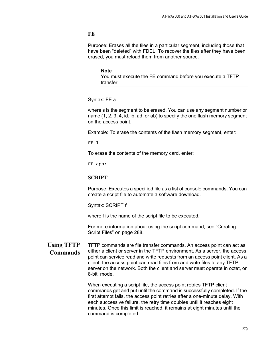 Using tftp commands | Allied Telesis AT-WA7501 User Manual | Page 279 / 339