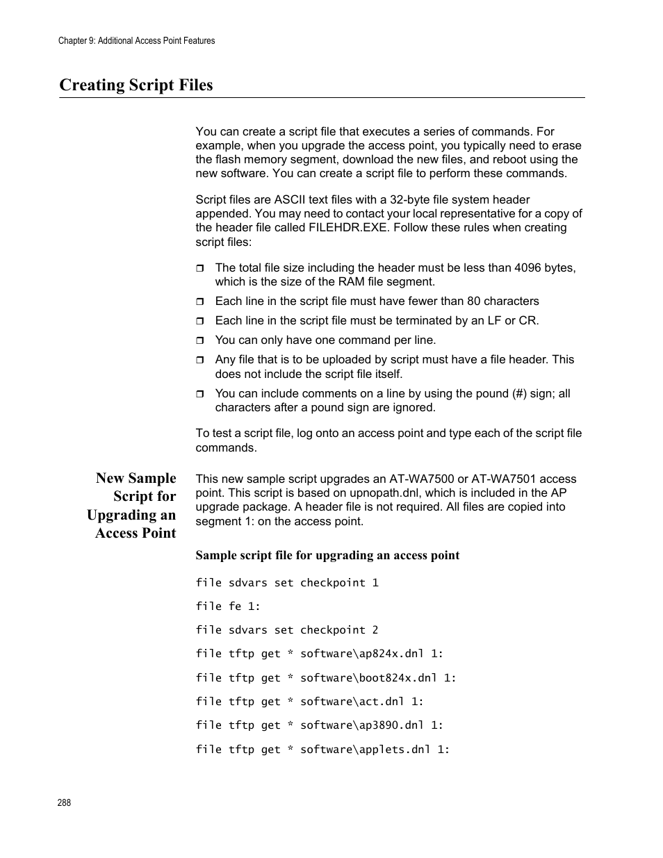 Creating script files, New sample script for upgrading an access point | Allied Telesis AT-WA7501 User Manual | Page 288 / 339