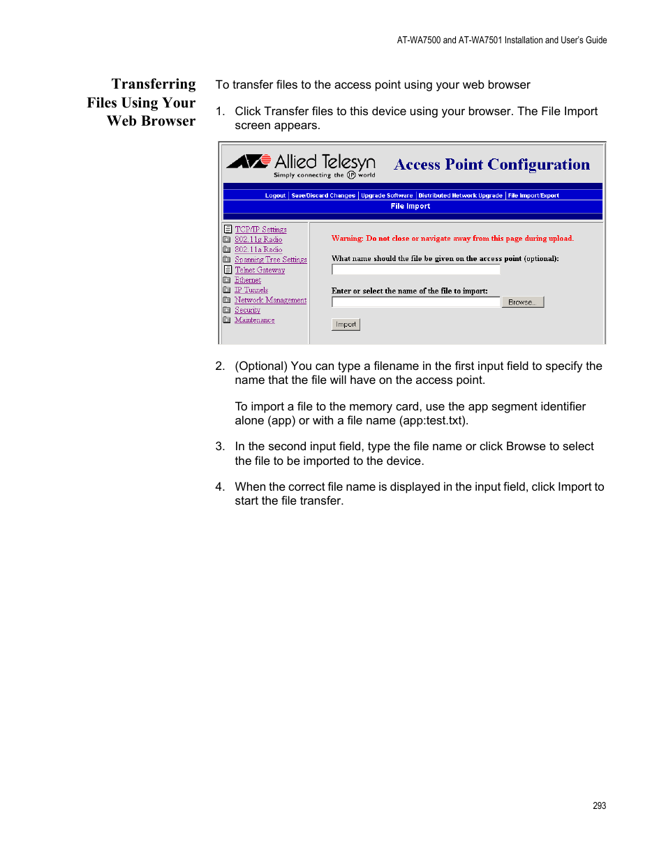 Transferring files using your web browser | Allied Telesis AT-WA7501 User Manual | Page 293 / 339