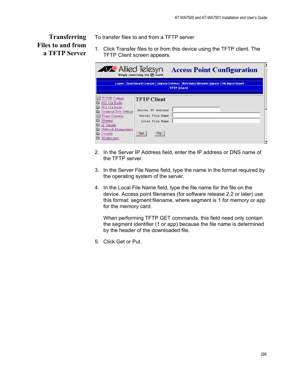 Transferring files to and from a tftp server | Allied Telesis AT-WA7501 User Manual | Page 295 / 339