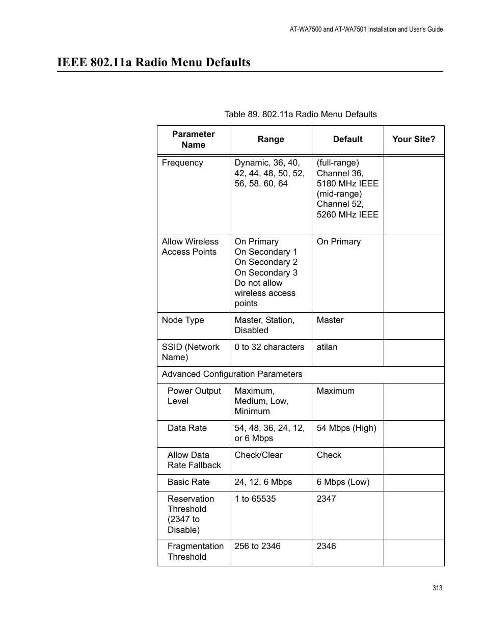 Ieee 802.11a radio menu defaults | Allied Telesis AT-WA7501 User Manual | Page 313 / 339