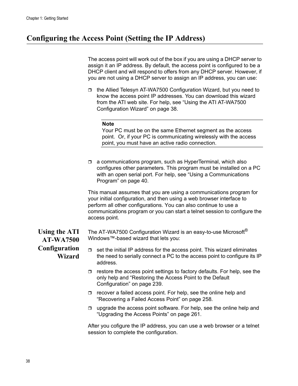 Using the ati at-wa7500 configuration wizard, Configuring the access | Allied Telesis AT-WA7501 User Manual | Page 38 / 339