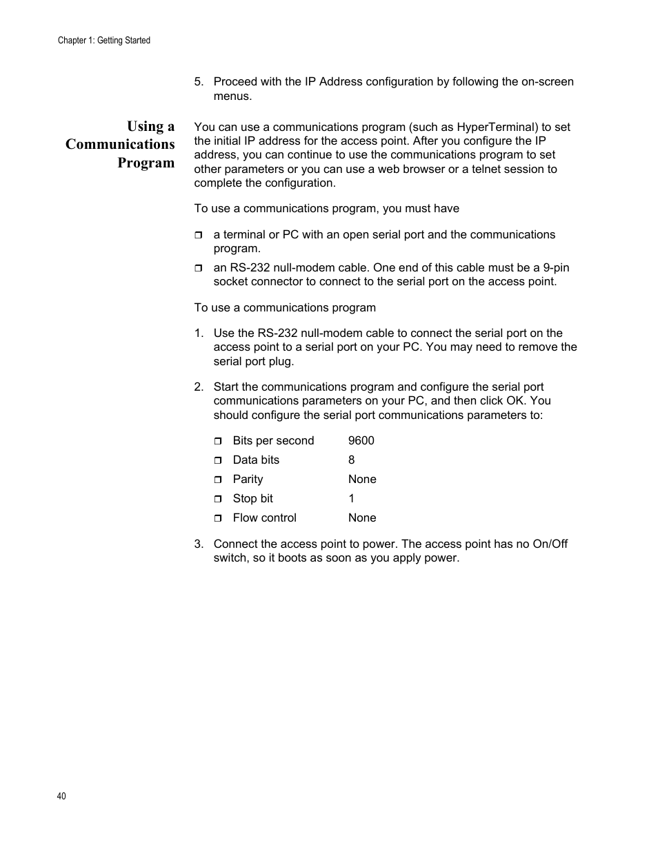 Using a communications program | Allied Telesis AT-WA7501 User Manual | Page 40 / 339