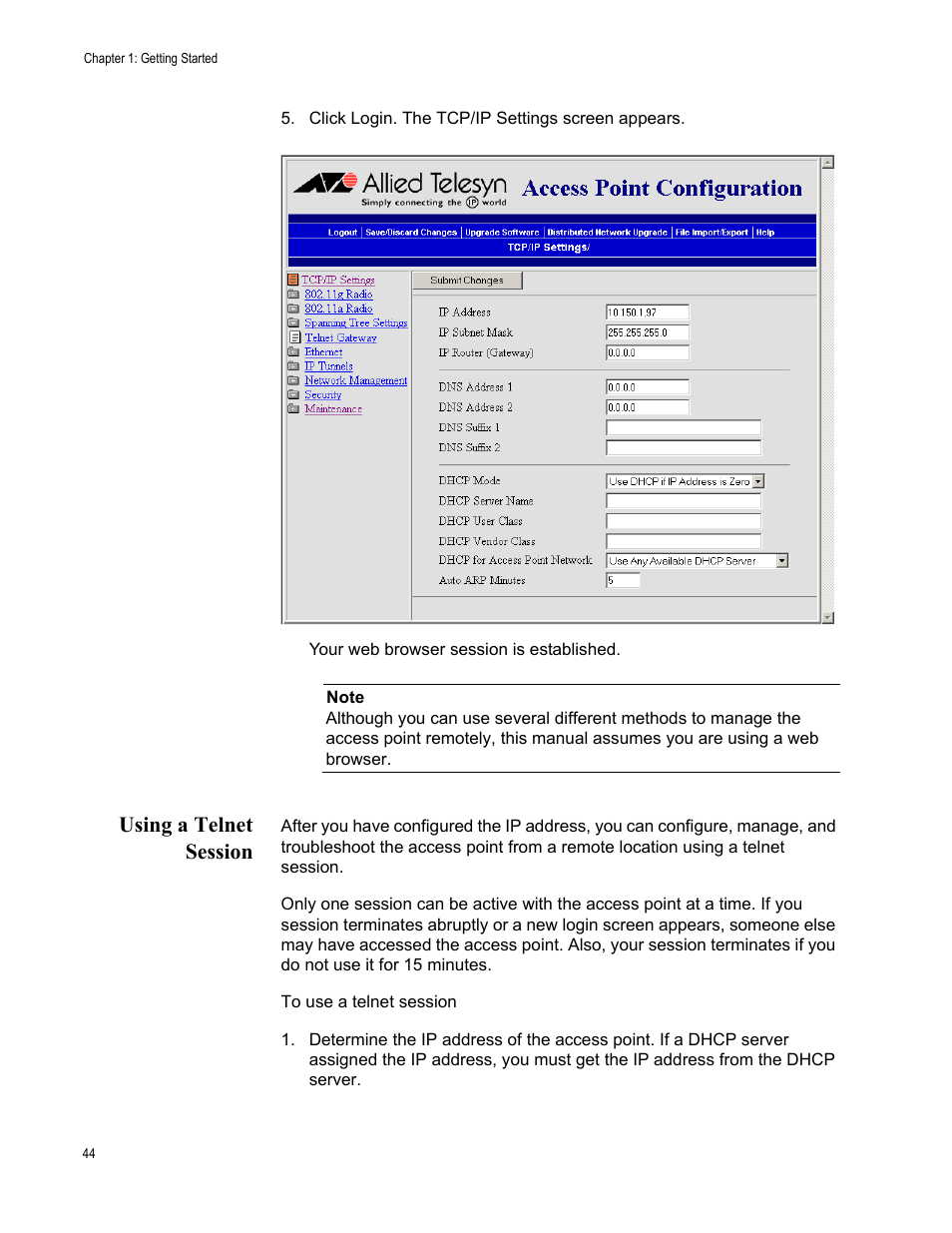 Using a telnet session | Allied Telesis AT-WA7501 User Manual | Page 44 / 339