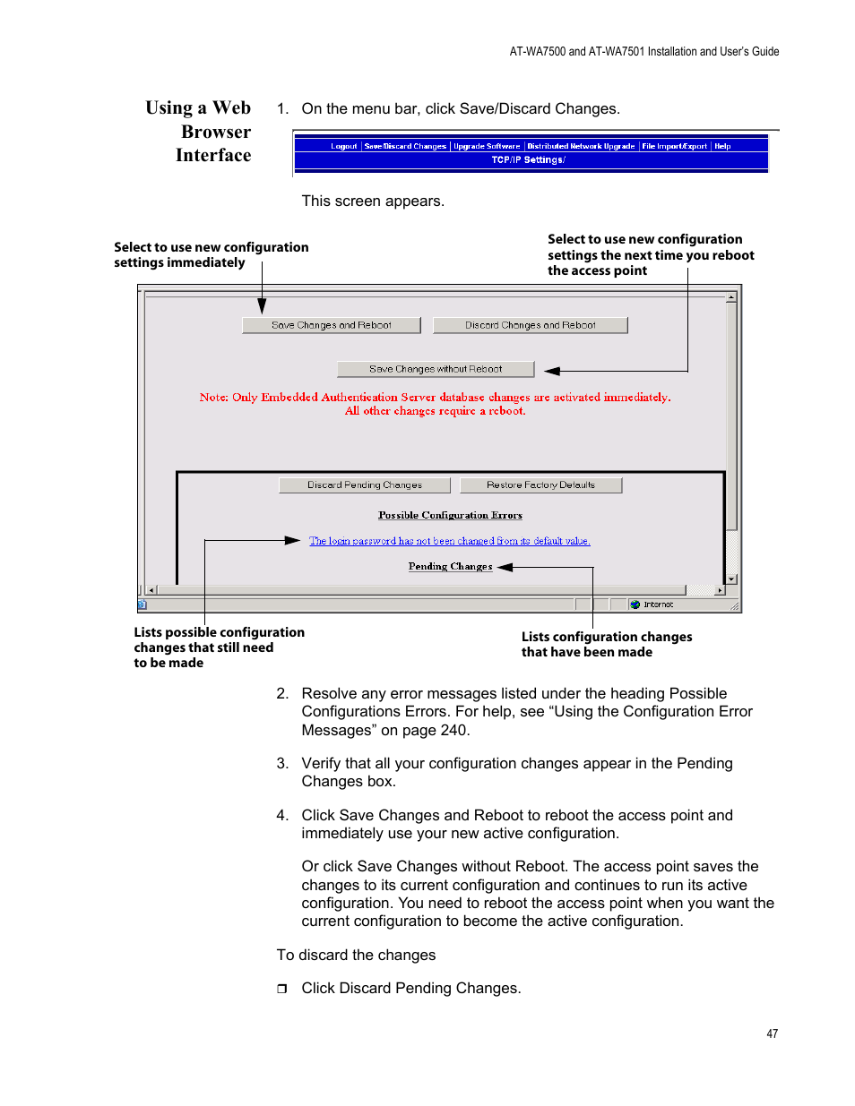 Using a web browser interface | Allied Telesis AT-WA7501 User Manual | Page 47 / 339