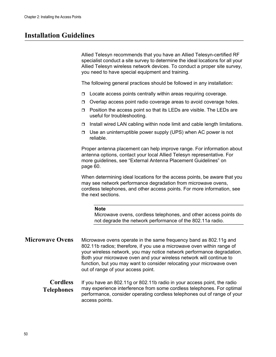 Installation guidelines, Microwave ovens, Cordless telephones | Microwave ovens cordless telephones | Allied Telesis AT-WA7501 User Manual | Page 50 / 339
