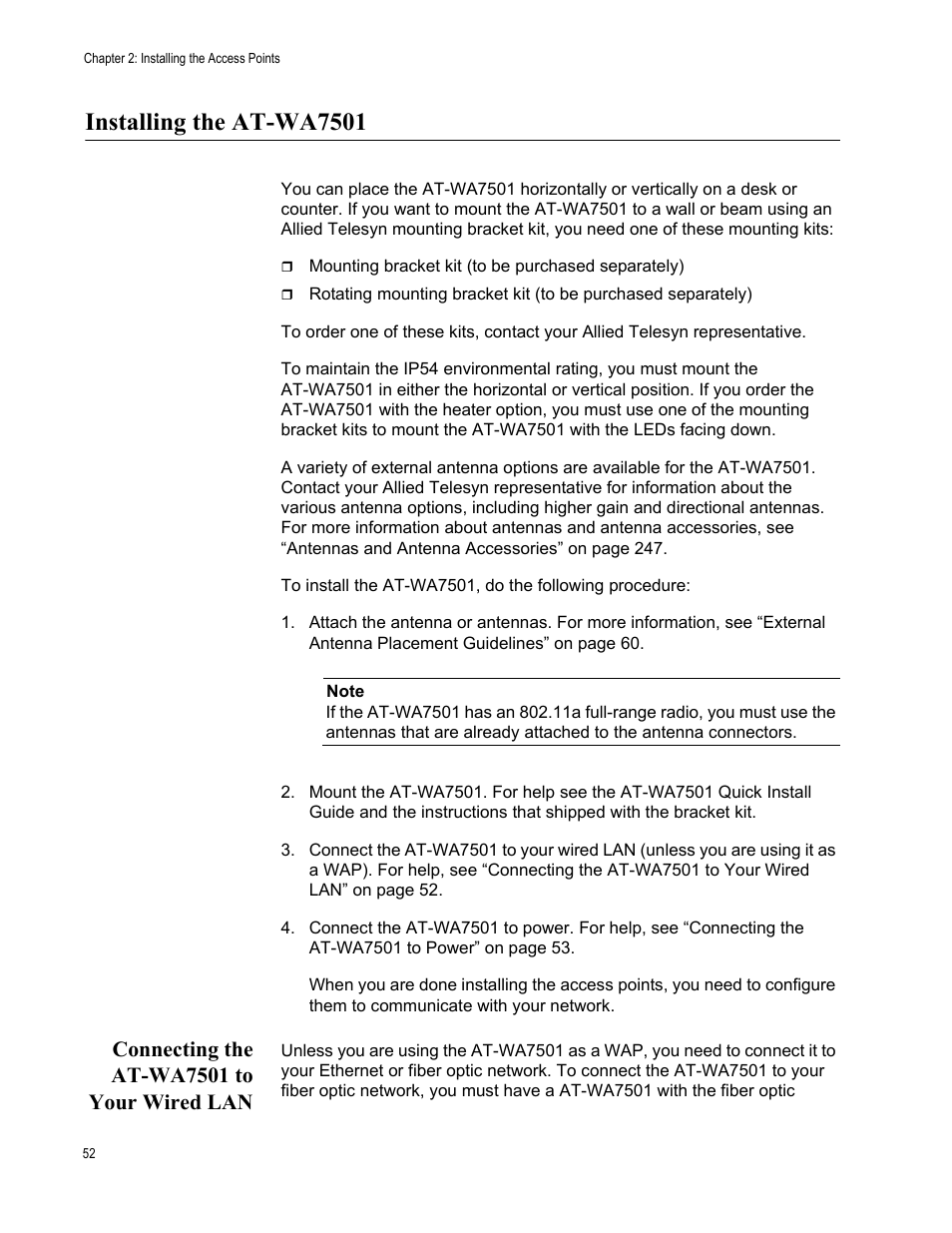 Installing the at-wa7501, Connecting the at-wa7501 to your wired lan | Allied Telesis AT-WA7501 User Manual | Page 52 / 339