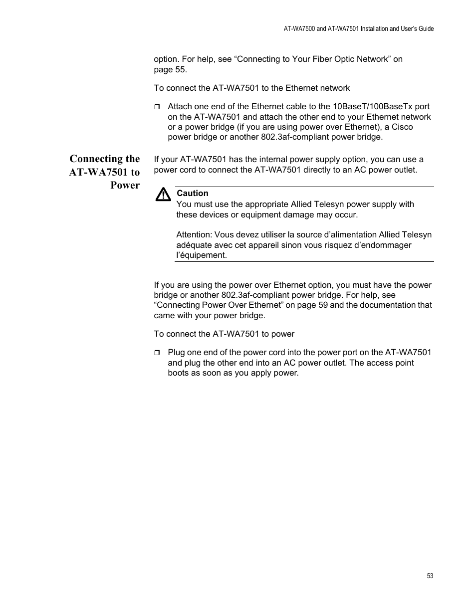 Connecting the at-wa7501 to power, Connecting the | Allied Telesis AT-WA7501 User Manual | Page 53 / 339