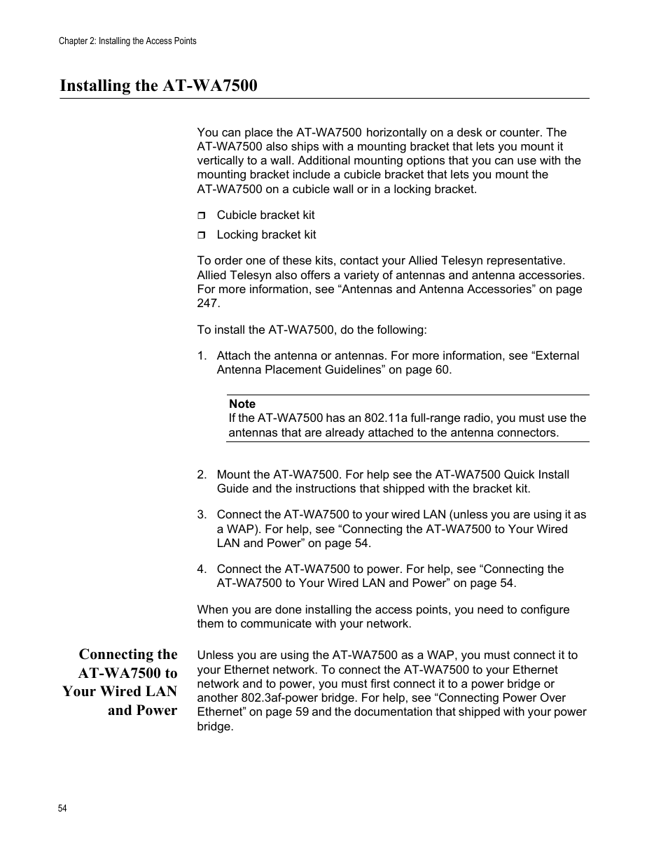 Installing the at-wa7500 | Allied Telesis AT-WA7501 User Manual | Page 54 / 339