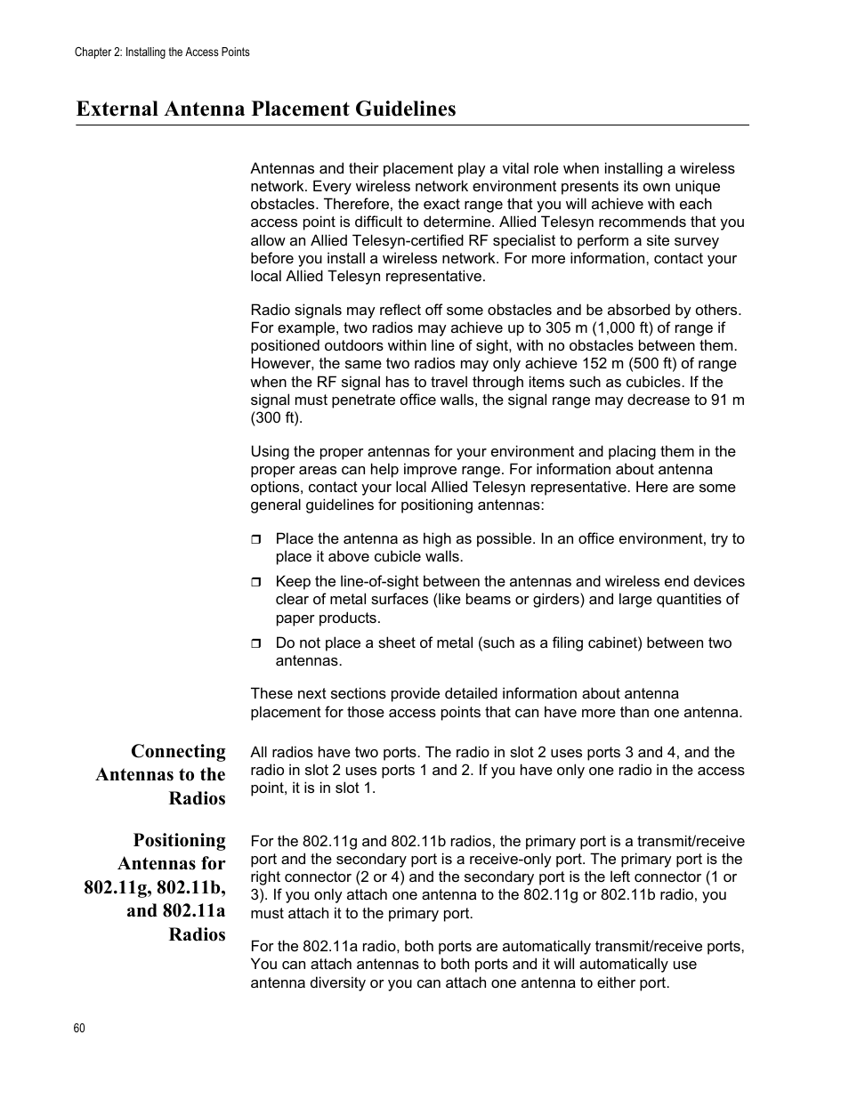 External antenna placement guidelines, Connecting antennas to the radios, See “external | Allied Telesis AT-WA7501 User Manual | Page 60 / 339
