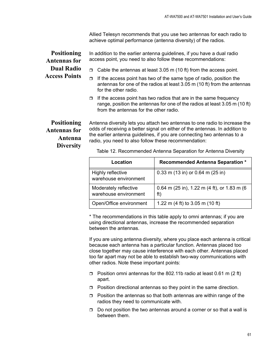 Positioning antennas for dual radio access points, Positioning antennas for antenna diversity | Allied Telesis AT-WA7501 User Manual | Page 61 / 339