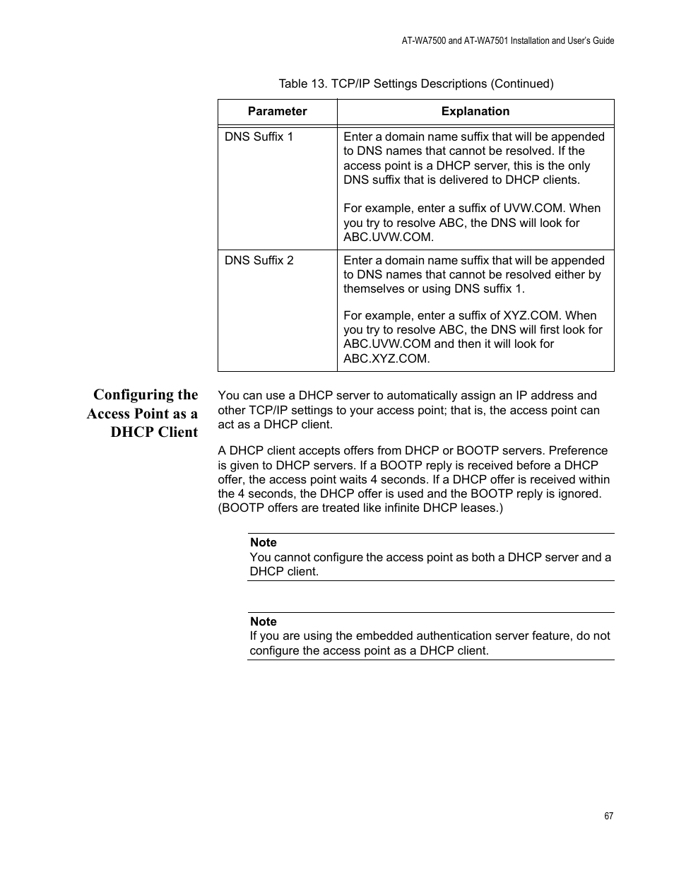 Configuring the access point as a dhcp client | Allied Telesis AT-WA7501 User Manual | Page 67 / 339