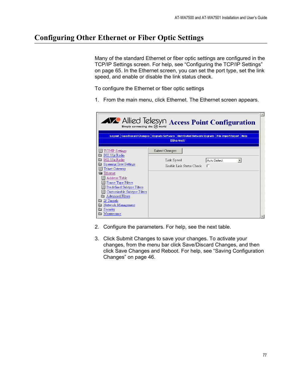 Configuring other ethernet or fiber optic settings | Allied Telesis AT-WA7501 User Manual | Page 77 / 339