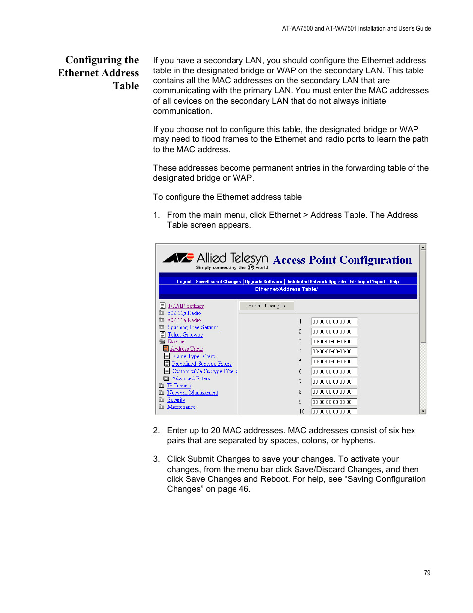 Configuring the ethernet address table | Allied Telesis AT-WA7501 User Manual | Page 79 / 339