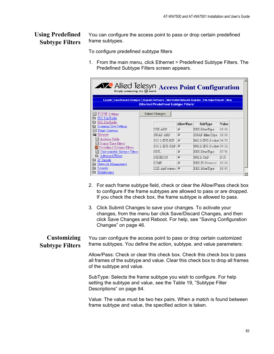 Using predefined subtype filters, Customizing subtype filters | Allied Telesis AT-WA7501 User Manual | Page 83 / 339