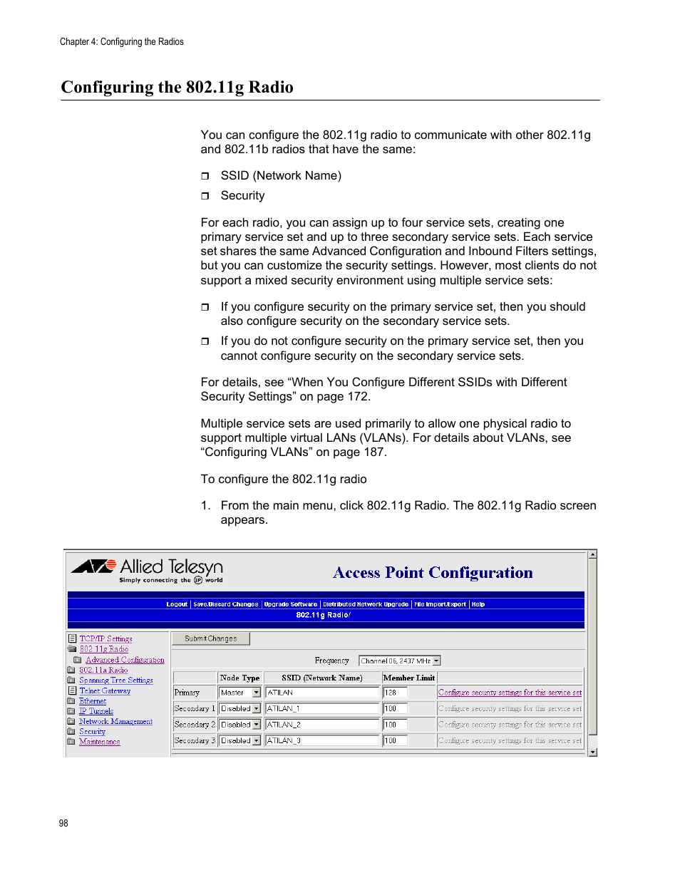 Configuring the 802.11g radio | Allied Telesis AT-WA7501 User Manual | Page 98 / 339